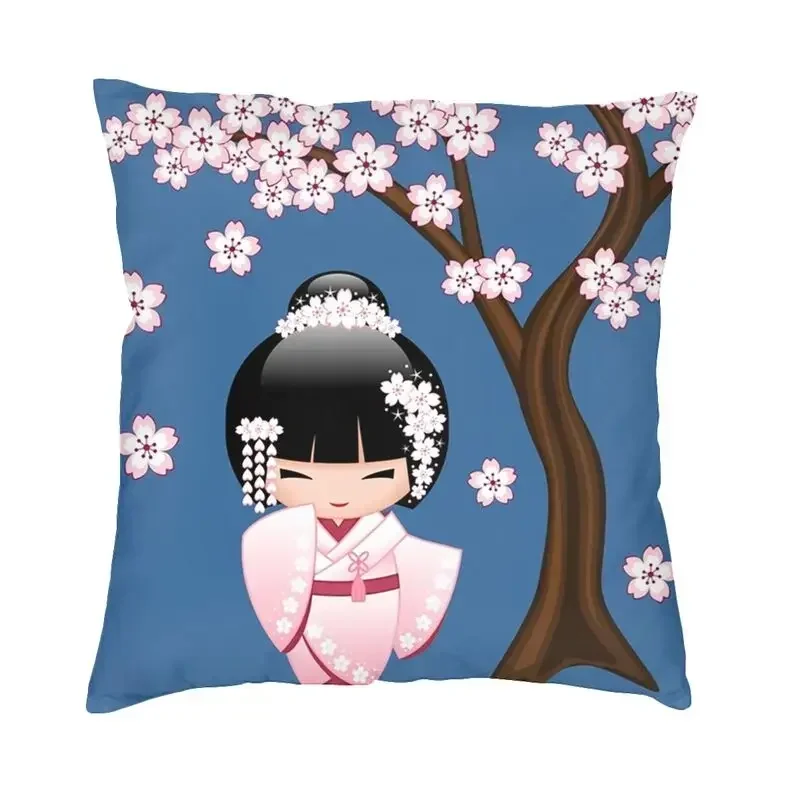 Japanese Bride Kokeshi Doll Square Throw Pillow Case Decoration 3D Double-sided Printing Sakura Geisha Cushion Cover for Sofa