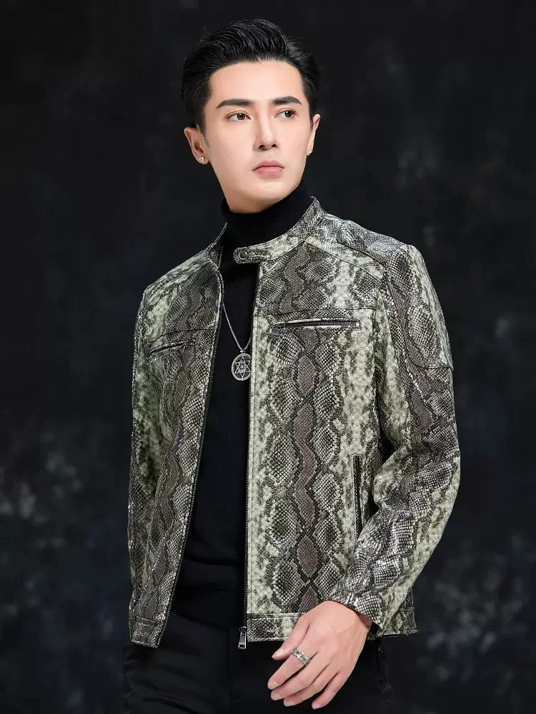 Spring Men Snake Pattern Sheepskin Genuine Leather Jacket Slim Fit Stand Collar Moto Biker Coat Business Casual Work Jacket 4XL