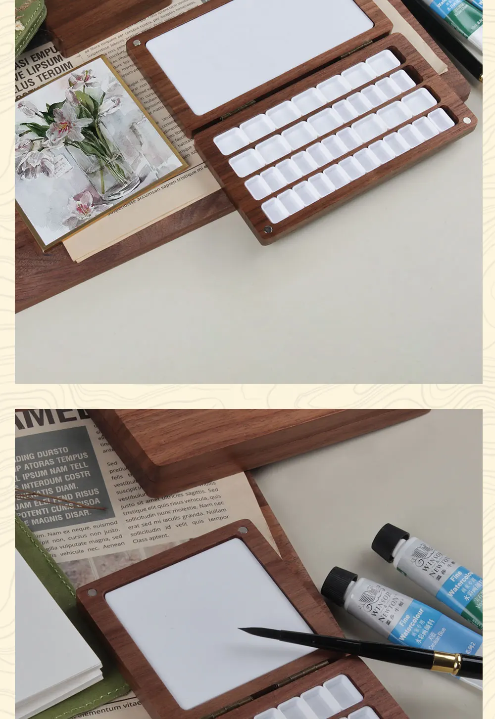 SeamiArt 1 Stück quadratische Malbox aus schwarzem Walnussholz mit Palette, 0,5 ml halbe Pfannen für Aquarell-Unterpaket, Aufbewahrung, Kunstbedarf – Detail 8