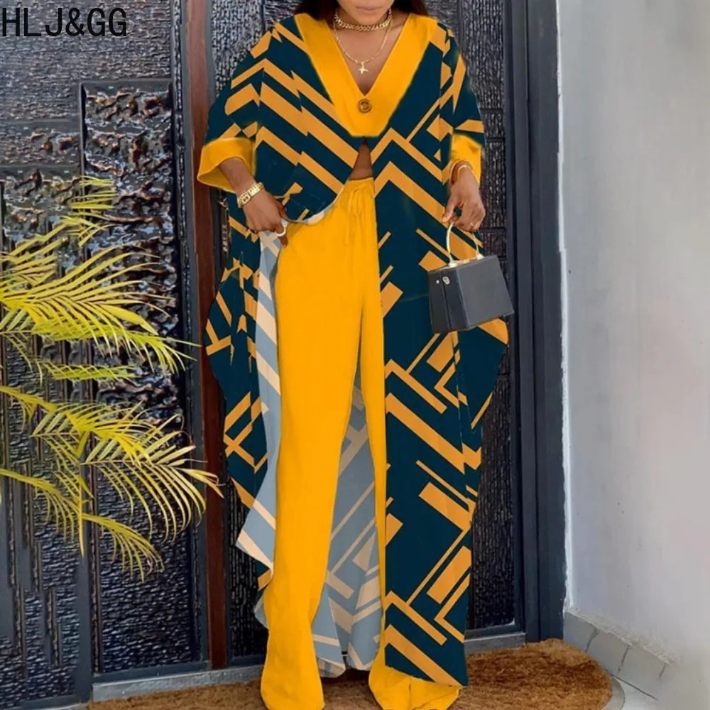 HLJ&GG Women African Print 2 Piece Set Women Outfit Casual V Neck Short Sleeve Long Slit Tops And Caftans Wide Leg Pants Clothes