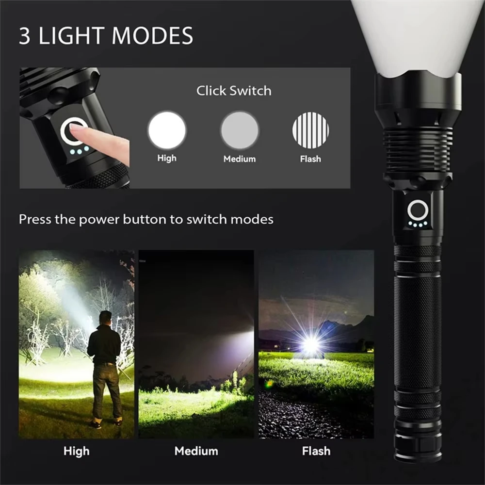 High Power LED Flashlight Super Bright Lantern Zoom Tactical Torch USB Rechargeable Powerful Hand Lamp Camping Outdoor Fishing