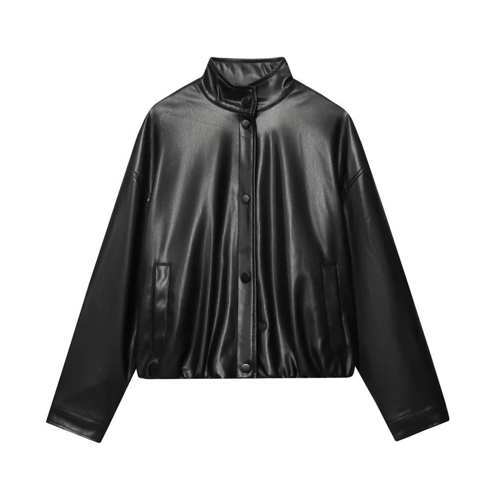 

Autumn and winter new women's casual, simple, loose, high necked, long sleeved faux leather pilot jacket short jacket