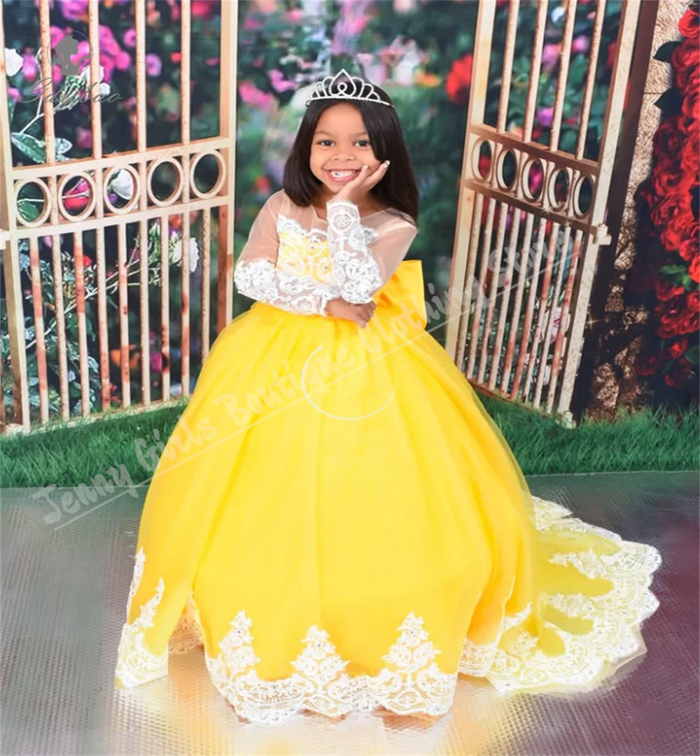 

Элегантные вечерние платья Желтая сетка с белой кружевной аппликацией для первого причастия Детское бальное вечернее платье на свадьбу, день рождения