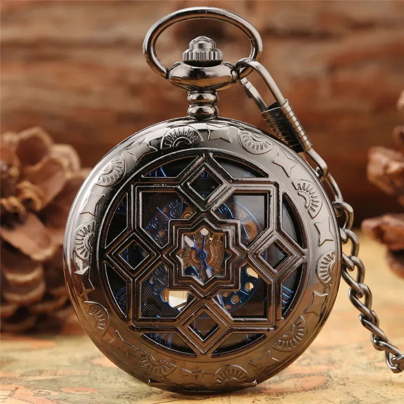 

Antique Black Hollow Rhombus Case Hand Winding Mechanical Pocket Watch for Men Women Skeleton Dial Fob Chain Antique Timepiece