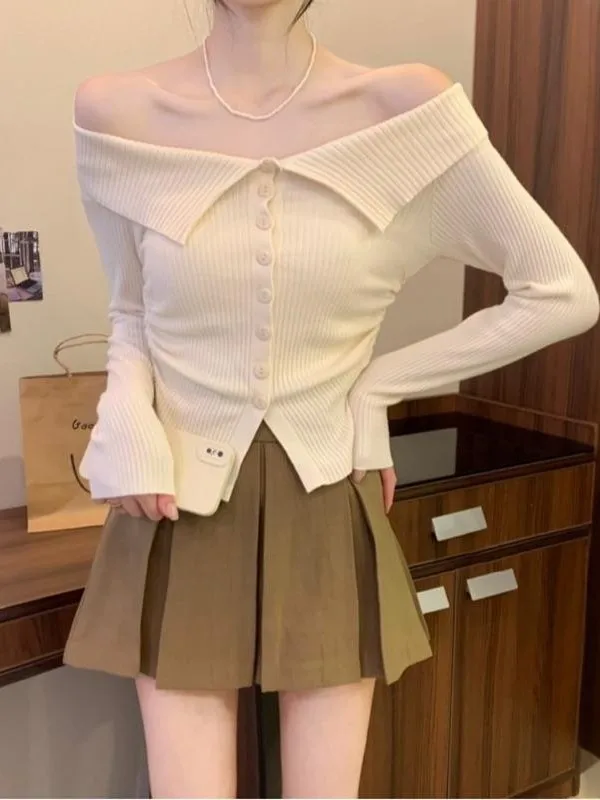 

Elegant Knitted Button-Up Shoulder Sweater Women's Slim Fit Inner Wear Top Trendy Cardigan Spring Autumn New Arrival