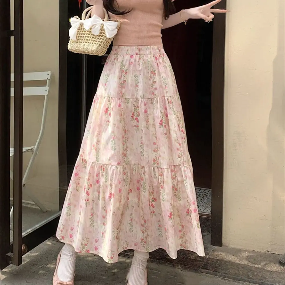 Clássico cintura alta floral saia longa feminina retalhos finos cintura alta saia longa ins estilo flor a linha em camadas saia menina