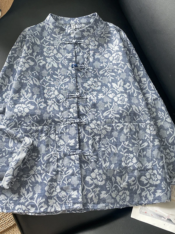 

Retro Loose Cotton Linen Jaet with Button Stand Collar for Women Comfortable Warm Outerwear with kets Floral Pattern