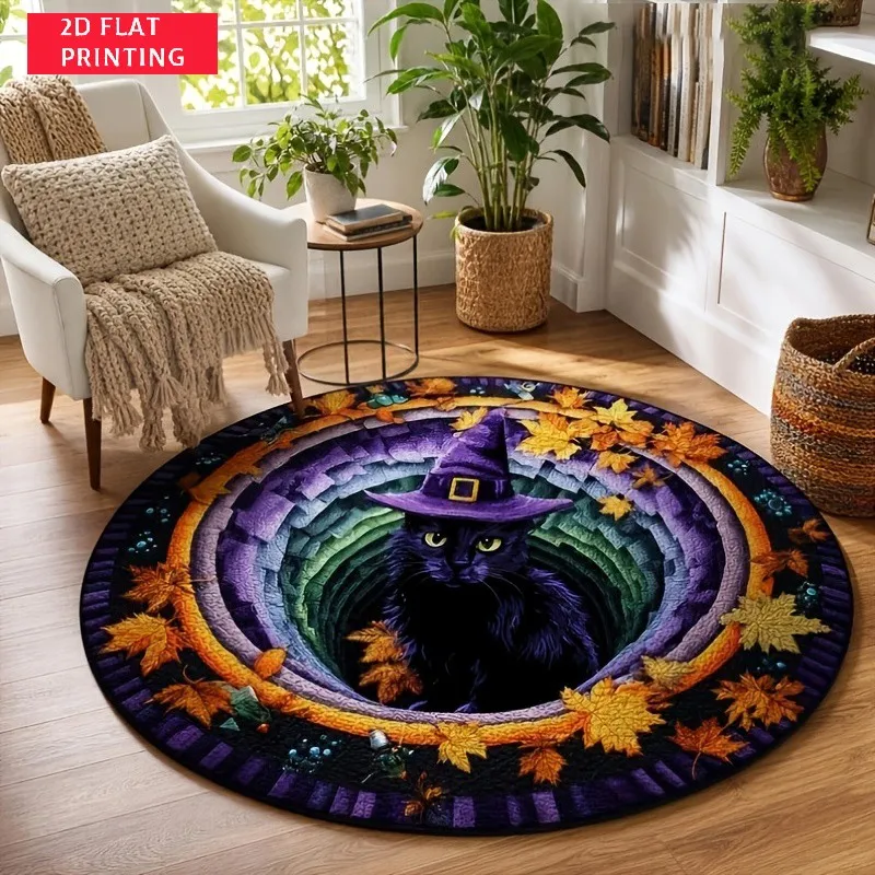 Spooky Halloween Circle Rug,2D Tunnel Black Cat Witch Hat Print Round Carpet, Fall Maple Mat for Indoor Holiday Floor Decor Rug