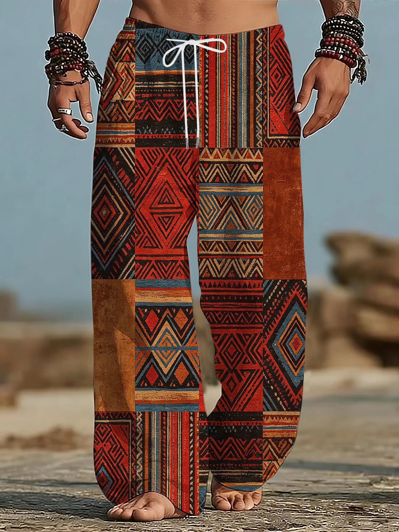 

New Arrival Men's Summer Fashion High-grade Long Pants, Retro Tribal Pattern Bohemian Casual Loose Straight-leg Trousers
