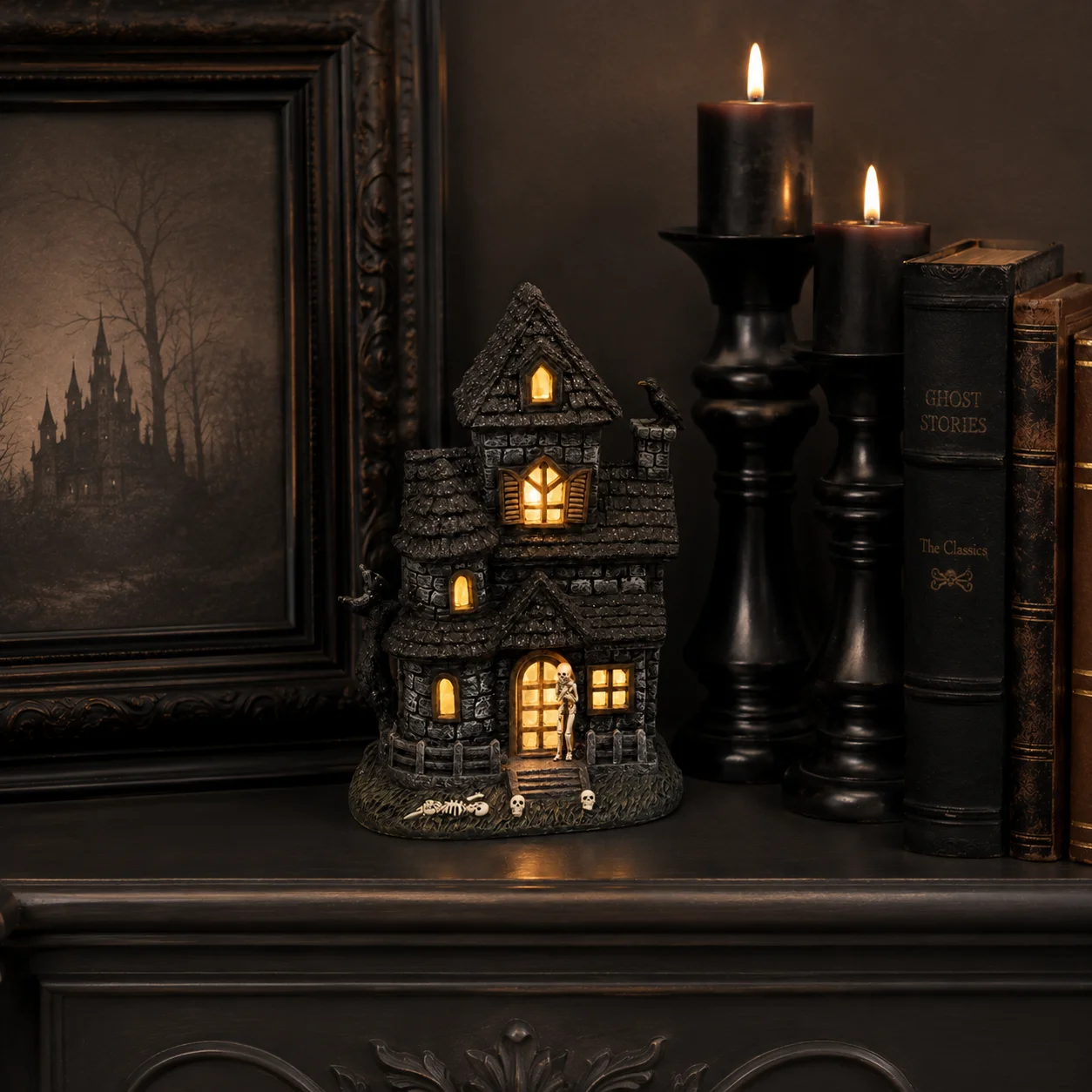 Halloween Lighted Haunted House Resin Figurine with Skeleton & Crow, Spooky Tabletop Ornament for Home Party Decoration