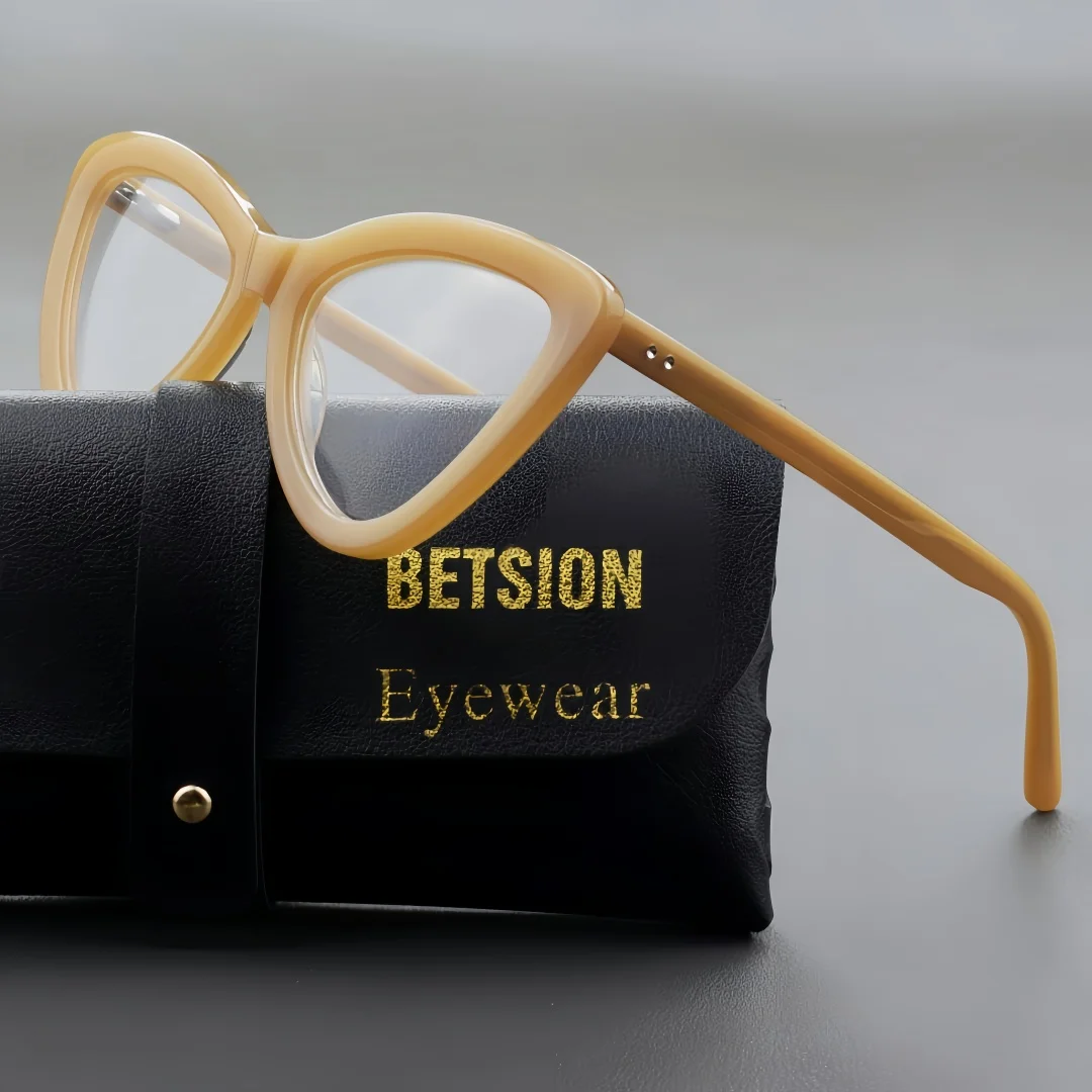 

BETSION Vintage Triangle Cat Eye Acetate Eyeglass Frame Men Women Retro Full Rim Solid Color Spectacles Trendy Eyewear #60030