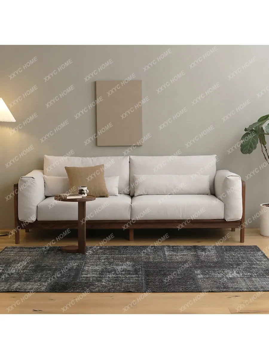 Black Walnut Three-Person Solid Wood Cloth Craft Sofa Combination Nordic Modern Living Room Chair