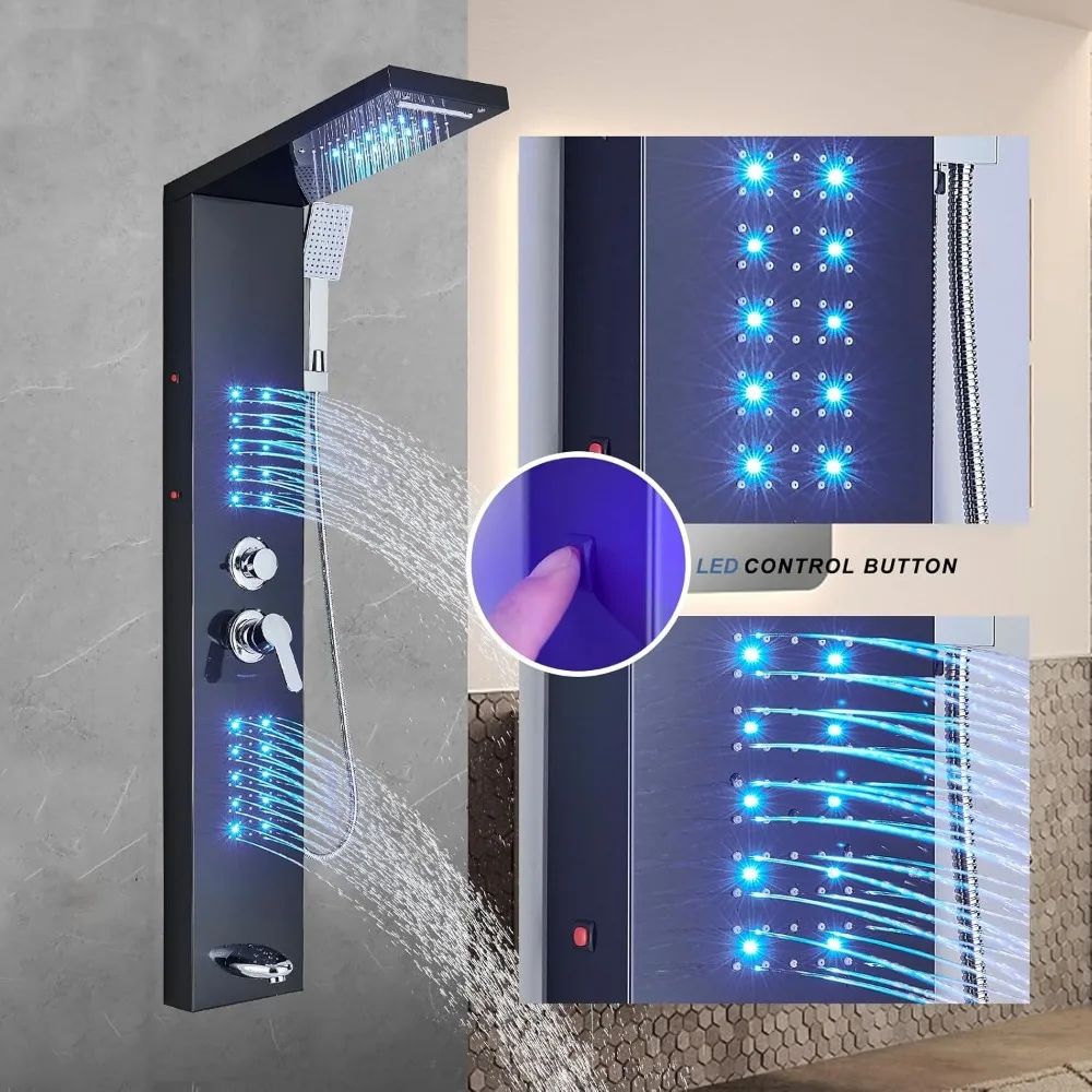 Black  Panel with LED Rainfall Waterfall Shower Head Contemporary Shower Faucet Full Body Shower System
