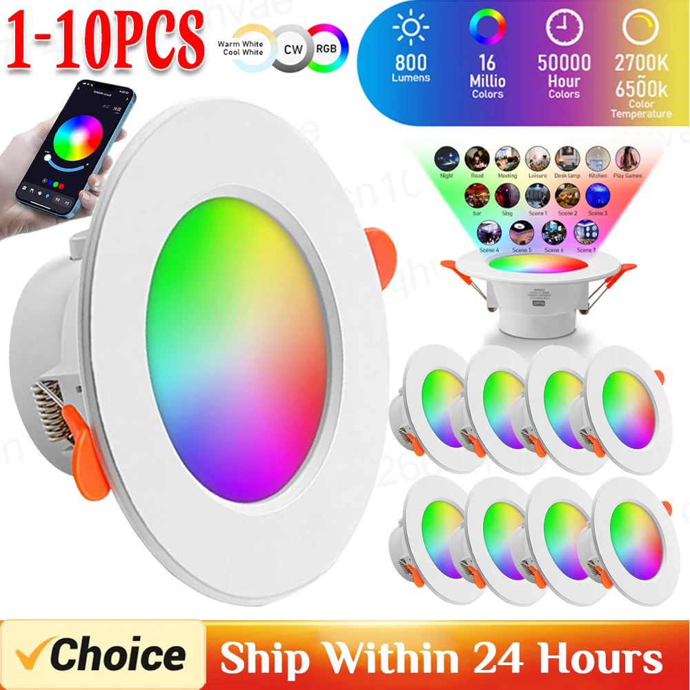 1-10PCS Smart LED Downlight Dimming Round Spot Light 10W RGB Color Changing Warm Cool Light Bedroom Living Room Decor Panel Lamp