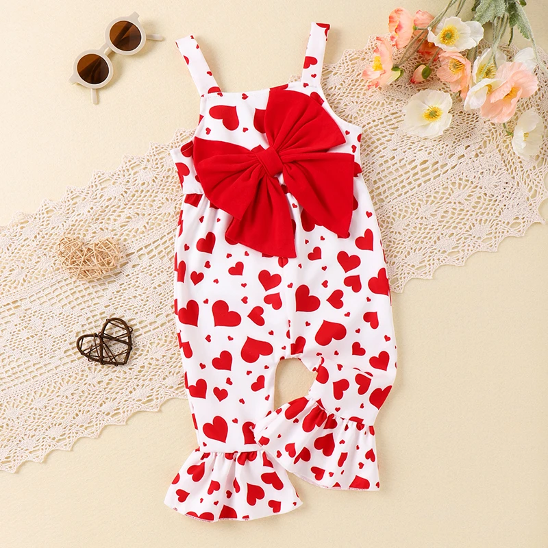 

Toddler Girls Valentine s Day Romper Sleeveless Heart Print Bow Decorated Suspender Pants Overalls with Ruffle Trim