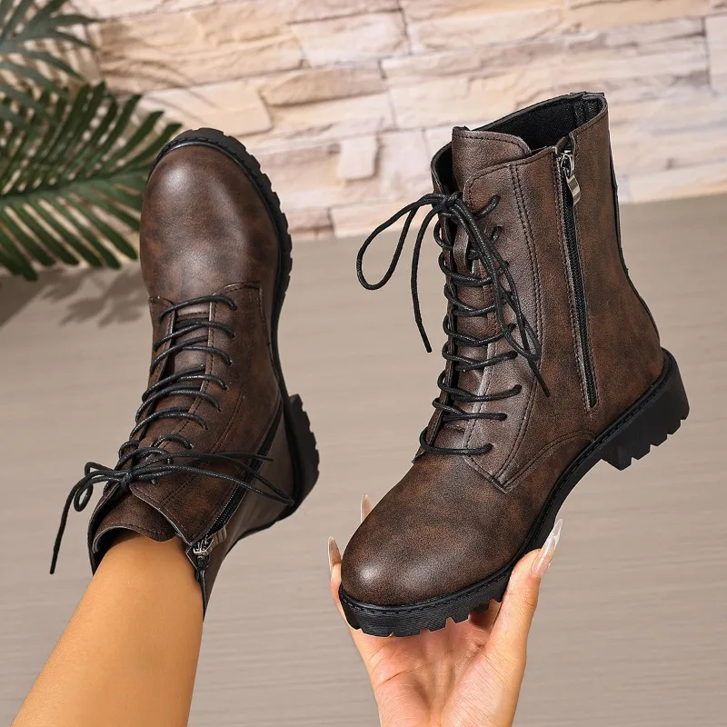 

Plush Booties Fashion Round Toe Lace-up Soft Sole Soft Leather Platform Block Heel Cotton Shoes