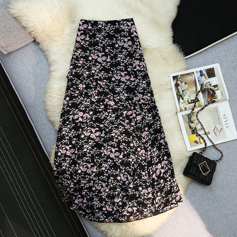 

Vintage Women Skirts Floral Print Elegant A-line Ruffle Long Skirts Summer Streetwear Harajuku High Waist Midi Split Skirt Mujer