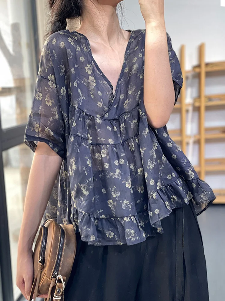 Chinese Style Female Shirts Ruffles Hem Short Sleeve V-neck Sweet Loose Women\'s Floral Blouses Plus Size Lady Cotton Linen Top