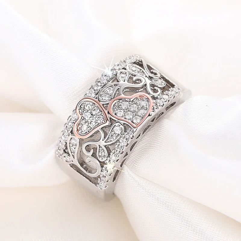 Huitan Unique Design Double Heart Two Tone Rings Women for Engagement Wedding Gorgeous Brilliant CZ Rings Luxury Trendy Jewelry