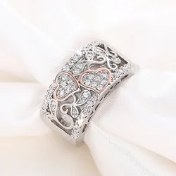 Huitan Unique Design Double Heart Two Tone Rings Women for Engagement Wedding Gorgeous Brilliant CZ Rings Luxury Trendy Jewelry