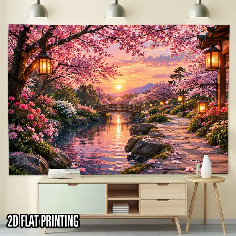 Asian Sakura Garden Tapestry, Retro Lantern, Creek, Dusk Floral Scene Wall Hanging for Bedroom, Living Room, Home Wall Decor
