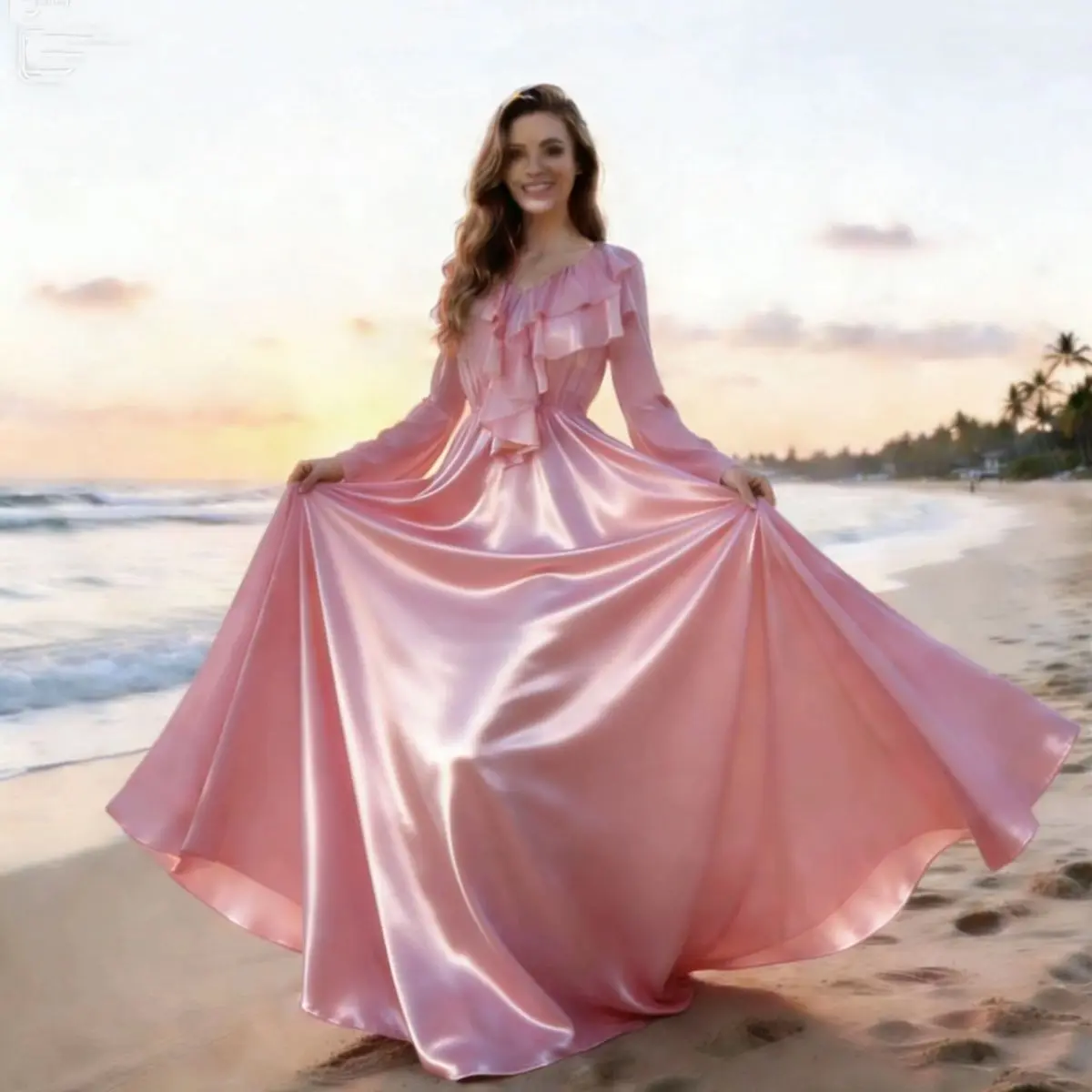 Glossy Women Satin Long Dress Pajamas Maxi Dress Pullover Elegant Dresses Sleeping Wear