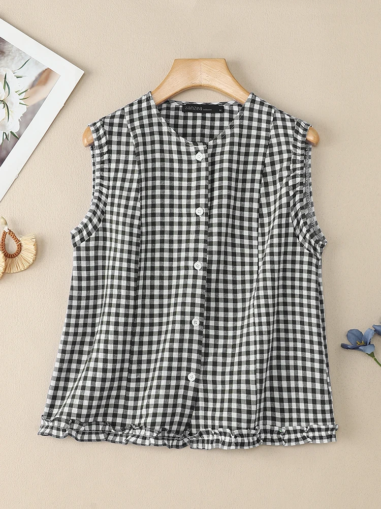 

2025 ZANZEA Fashion Tops Women Sleeveless Plaid Tees Casual Loose Buttons Checked Tanks Summer Camis O-Neck Elegant Blusas Mujer