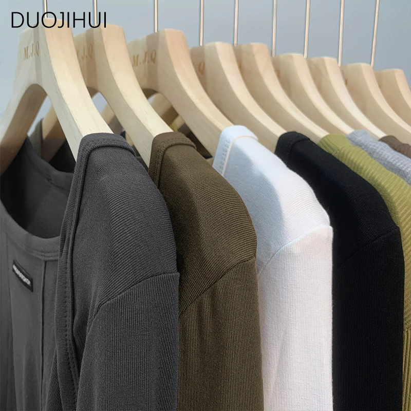 DUOJIHUI American Chic Square Neck Simple Women t-shirt autunno New Basic tinta unita moda Casual manica lunga t-shirt femminili