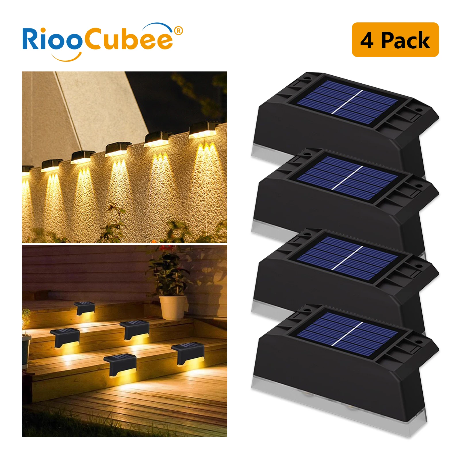 RiooCubee 4 Pack Solar Step Lights Outdoor Waterproof Solar for Stairs/Pathway/Garden Auto On/Off Warm LED Easy Install