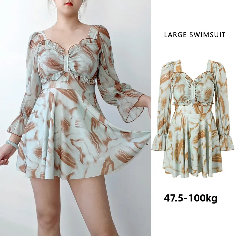 

Купальник большого размера с длинными рукавами, термокомфортный, женский, скрывающий недостатки фигуры, с принтом, повседневная пляжная одежда