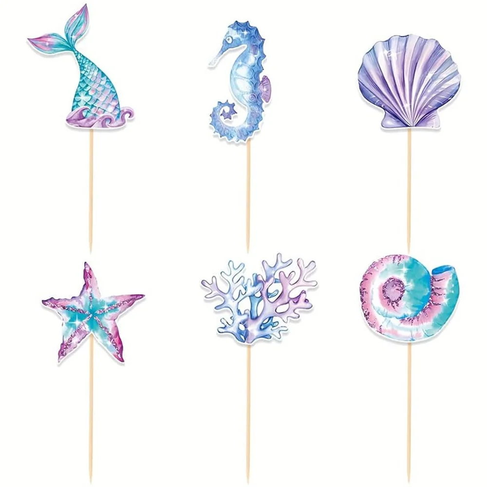 6/12/24pcs Mermaid Cake Toppers,Birthday Party Decoration,Reusable Mermaid Tail Happy Birthday Dessert Cake Topper,Cake Supplies