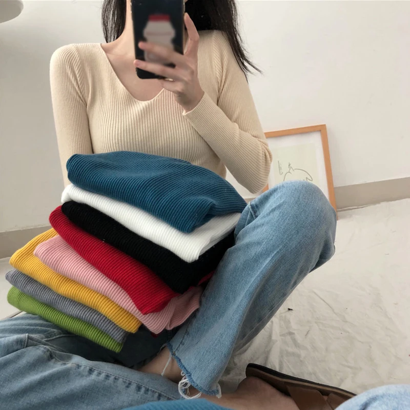 Knitted Long Sleeves V Neck Spring Autumn Solid Colour Bottoming Shirt Slim Fashion Women's Bottoming Sweater