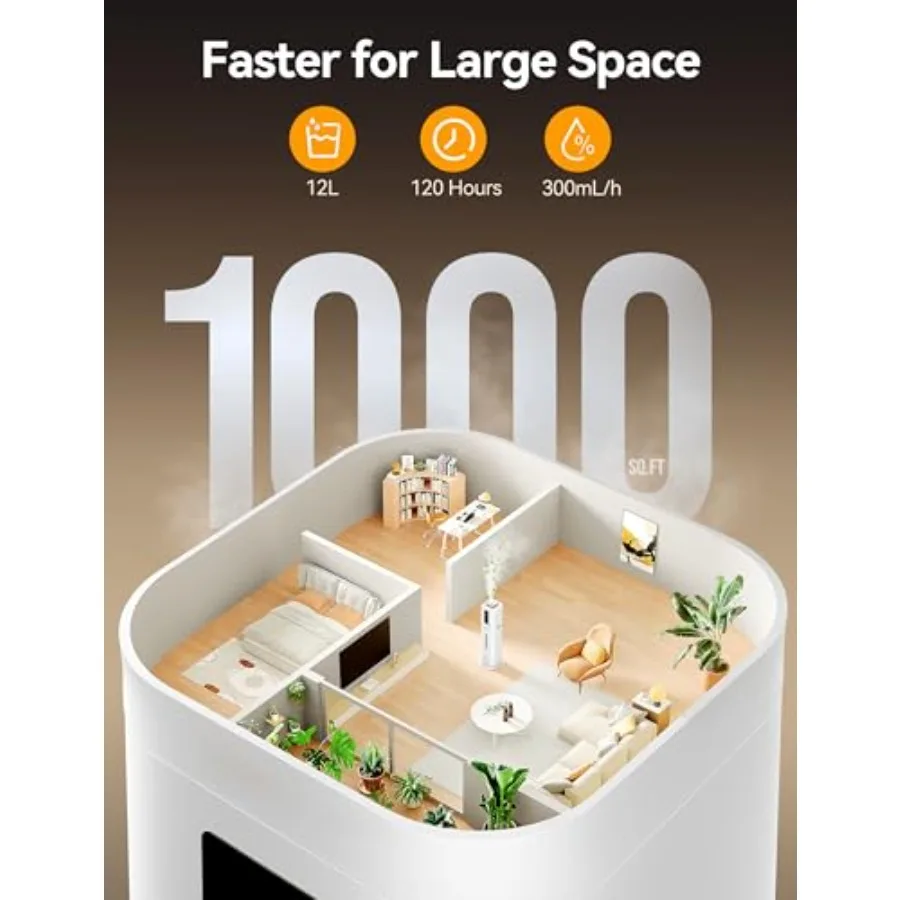 12L Ultrasonic Cool Mist Humidifier for Large Room Up to 1000ft Top Fill Design 3 Mist Levels 24H Timer Essential Oil Diffuser