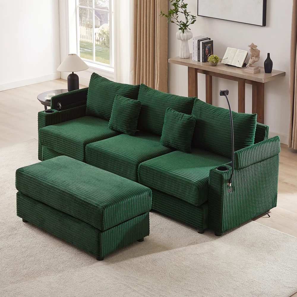 

Modern Style Single Sofa Sofa Couch with Storage Space, A Movable Ottoman, Two USB Ports, Two Cup Holders, A Phone Holder for Li