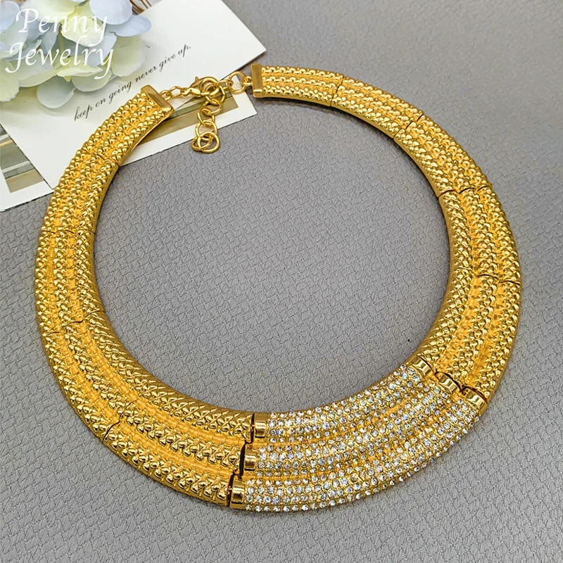 

Luxury Original Choker 18K Gold Plated Jewelry Set Big Chunky Necklace Drop Earrings Bracelet Ring Bridal Wedding Party Gifts