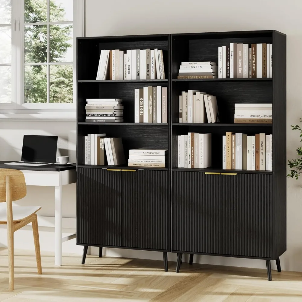 Bibliothèque haute à 5 niveaux avec portes cannelées, étagères réglables, armoire de rangement en bois pour le bureau et la maison