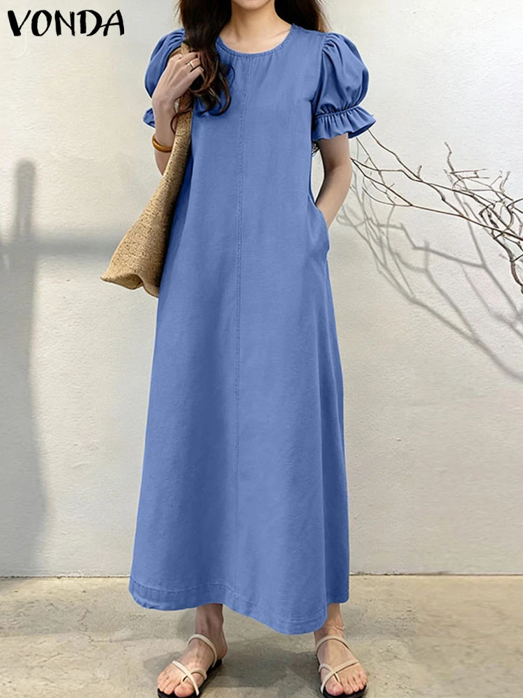 Vonda Mode Vrouwen Jurken 2023 Zomer Korte Mouw Casual Solid Maxi Zonnejurk Losse Party Lange Vestidos Gewaad Plus Size 5XL