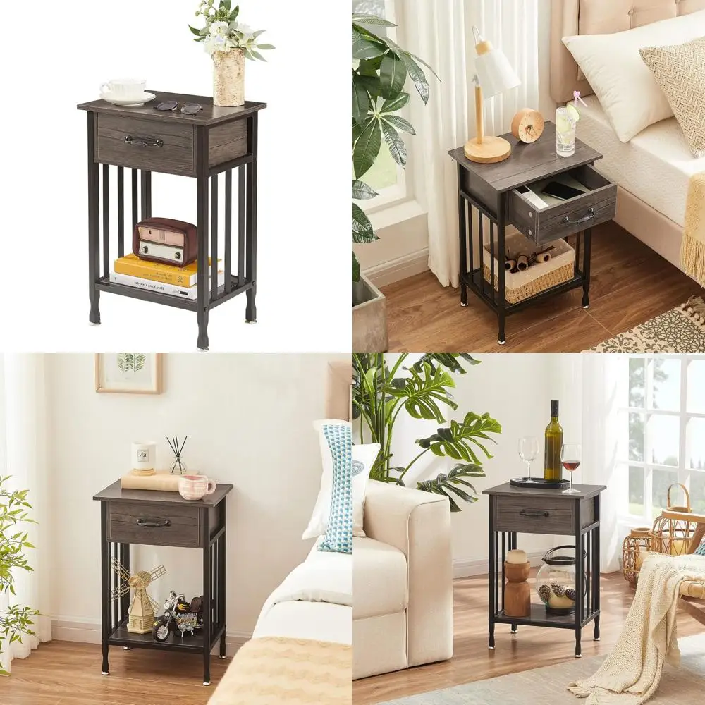 

Grey Industrial Style Side Table with Drawer and Storage Shelf, Bedroom and Living Room, Wood Metal, Easy Assembly, 1 Pack