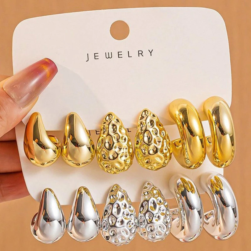 6Pcs/set Classic Ccb Waterdrop Twist Earrings Chunky Tear Drop Design Women's Gold-Color Bohemia Earrings Daily Workplace Party