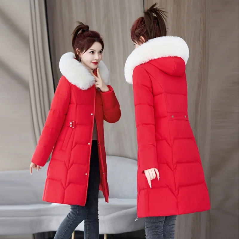 

Women's down Cotton Jaet Mid-Length Slim Fit Thiened Large Fur Collar Faionable Korean Sle Coat Long Sve Zipper