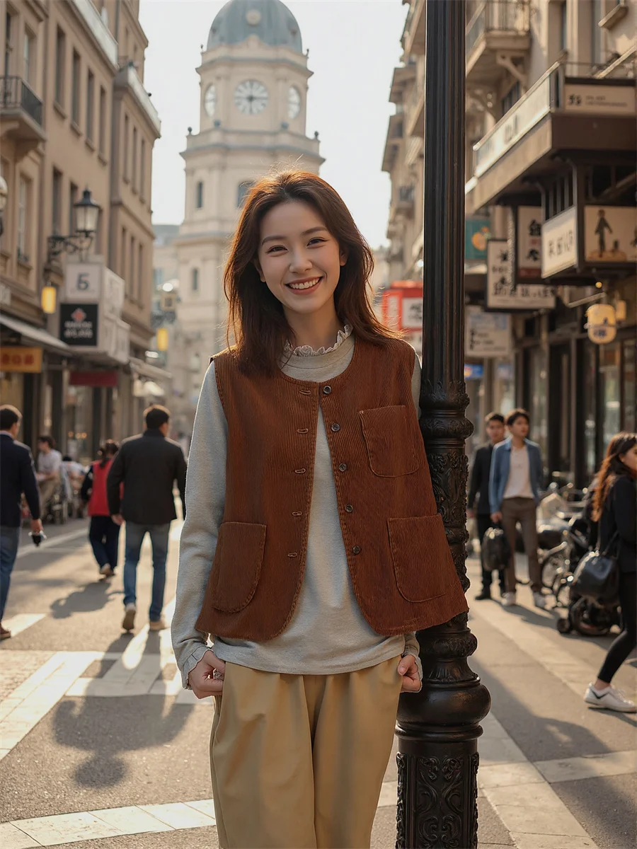 

Женские жилеты на пуговицах в стиле ретро с круглым вырезом, летние жилеты, одежда, женская осенняя одежда в рубчик на молнии, большие размеры, повседневные, для отдыха, городского повседневного использования