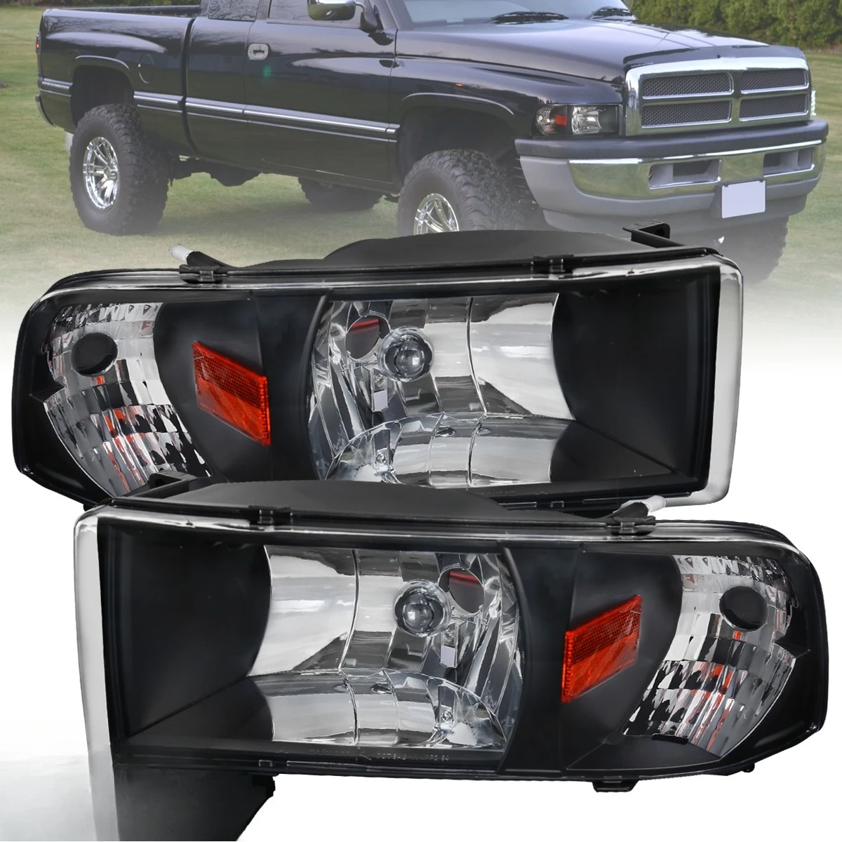 

Black Headlights Fits 1994-2001 Dodge Ram 1500 2500 3500 Lamps Pair Left+Right