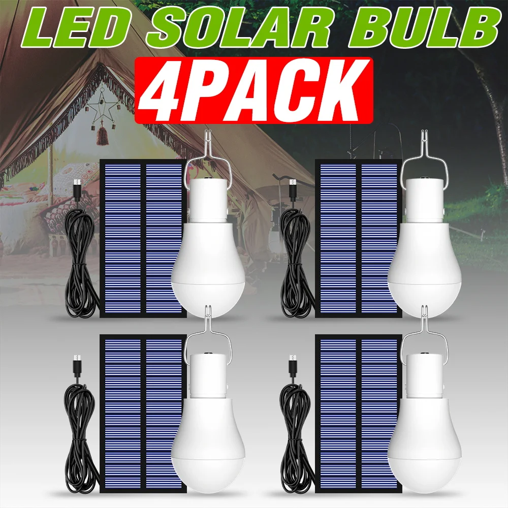 4 Pack LED Solar Light Bulb Outdoor Portable Camping Lamp DC5V USB Rechargeable Night Market Emergency Lighting With Solar Panel