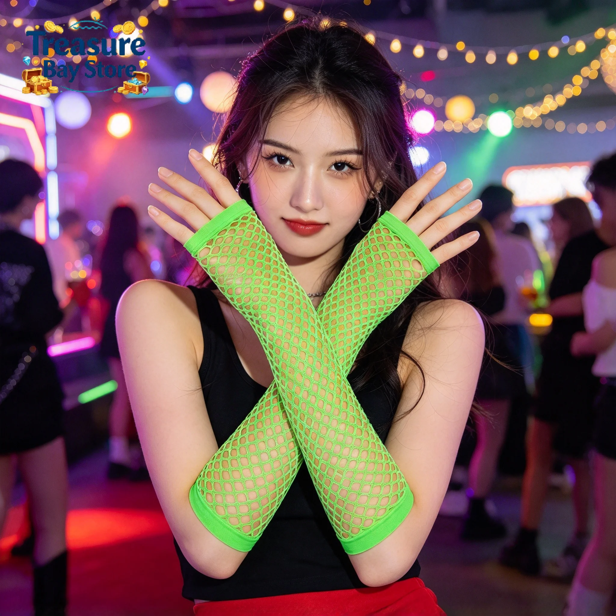 Black Neon Fishnet Fingerless Long Gloves, Arm Cuff Mesh Gloves For Women Girls, Punk Goth Dance Party Fancy Dress Accessories