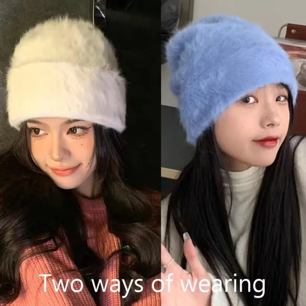 Fashion Solid Color Slouchy Beanie Hat Rabbit Fur Y2k Winter Knitted Cap Breathable Elastic Ear Protection Skullcap Joggers