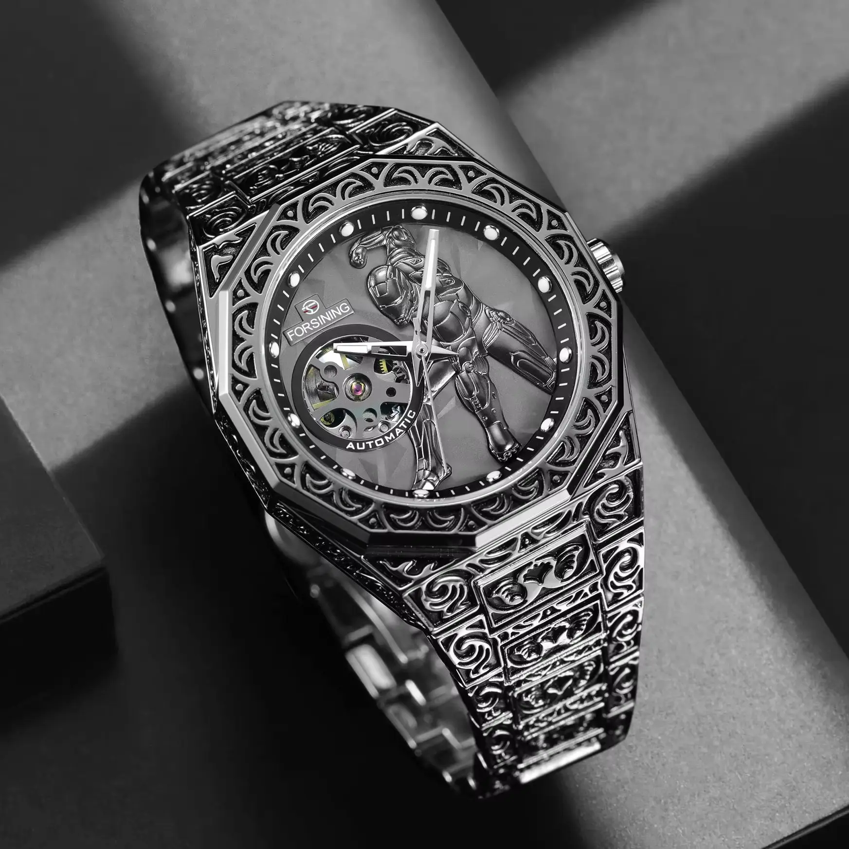 Forsining Luxury Watch for Men Fashion Engraved Automatic Mechanical Watches Top Brand Stainless Steel Strap Retro Wristwatches