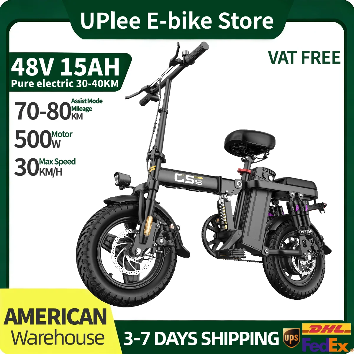 

UPlee GS5 500W electric bike adults 48V 15AH battery 30 MPH 70-80km Assist Mode mileage Electric Bike 14inch foldable e Bike