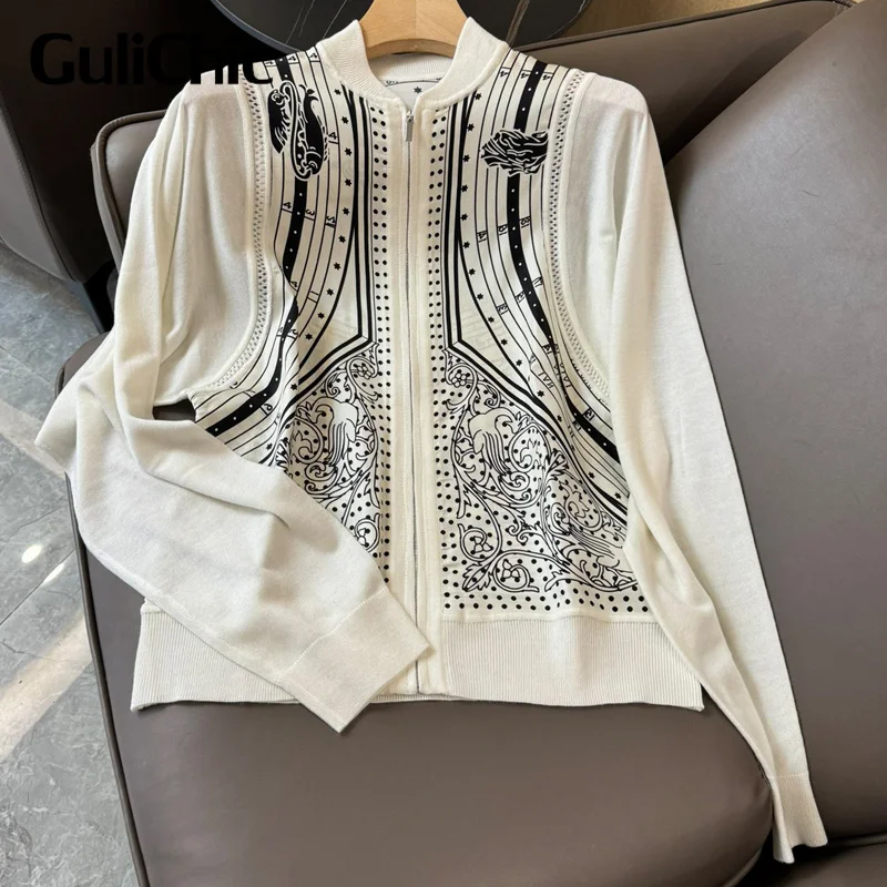 

2.29 GuliChic Women's Thin And High-End Fashion Print Silk Patchwork Wool Knitted Long Sleeve Zipper Cardigan