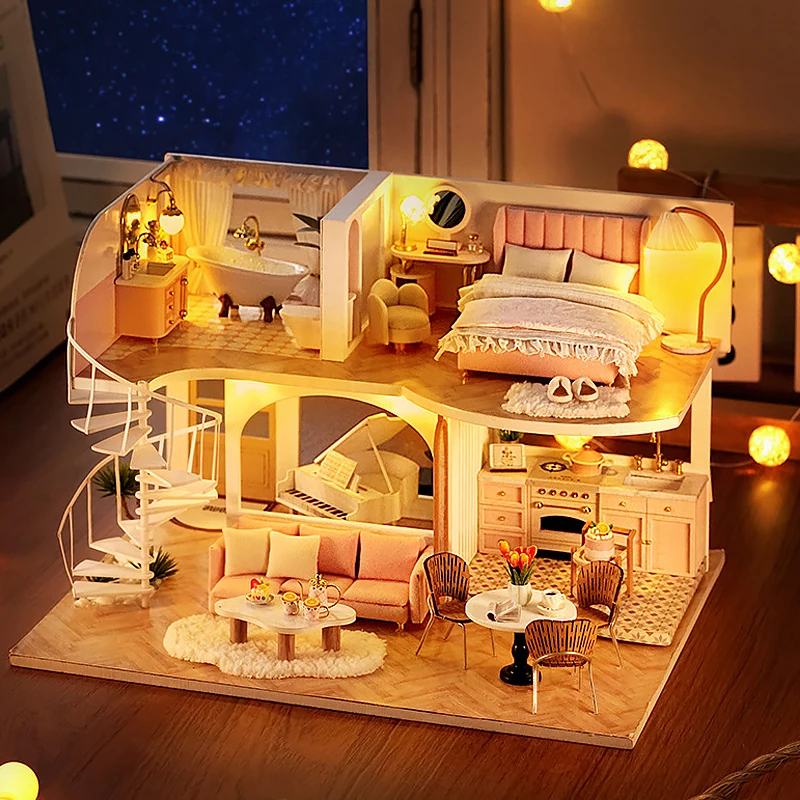 Doll House Mini DIY Small Kit Production Assembly Model Room Princess Toys Home Bedroom Decoration with Furniture Wooden Crafts