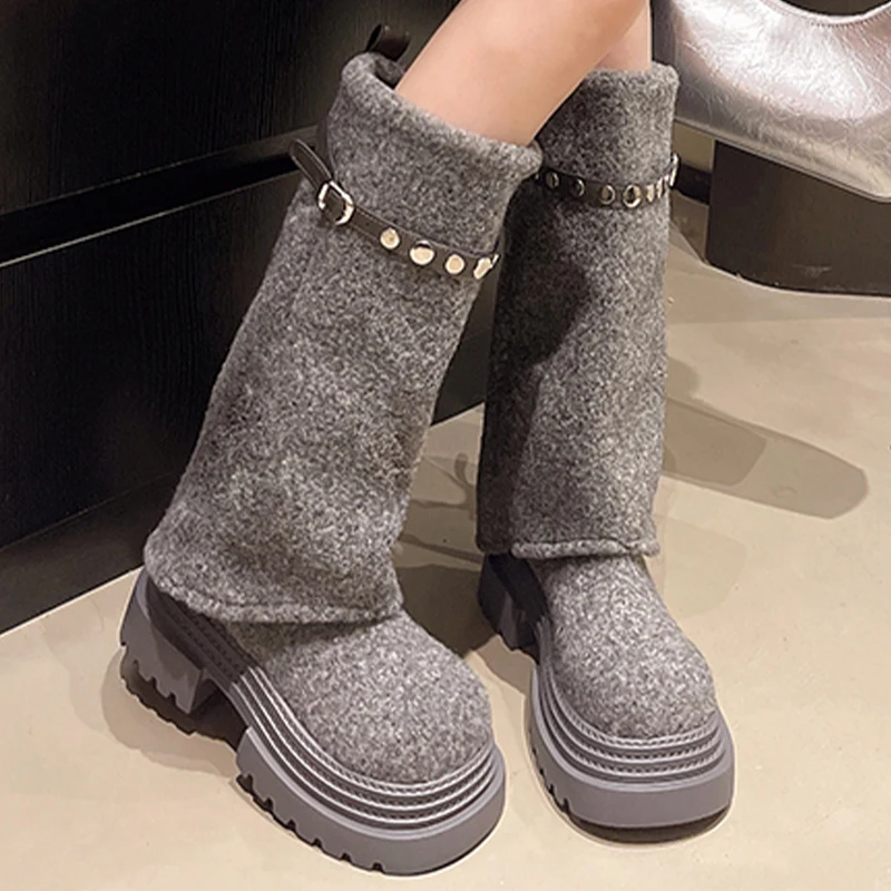 

Дизайнерские женские высокие сапоги на плоской подошве, замшевые туфли на платформе, модные зимние сапоги до колена, повседневное платье 2025 года, уютный новый тренд Mujer Botas